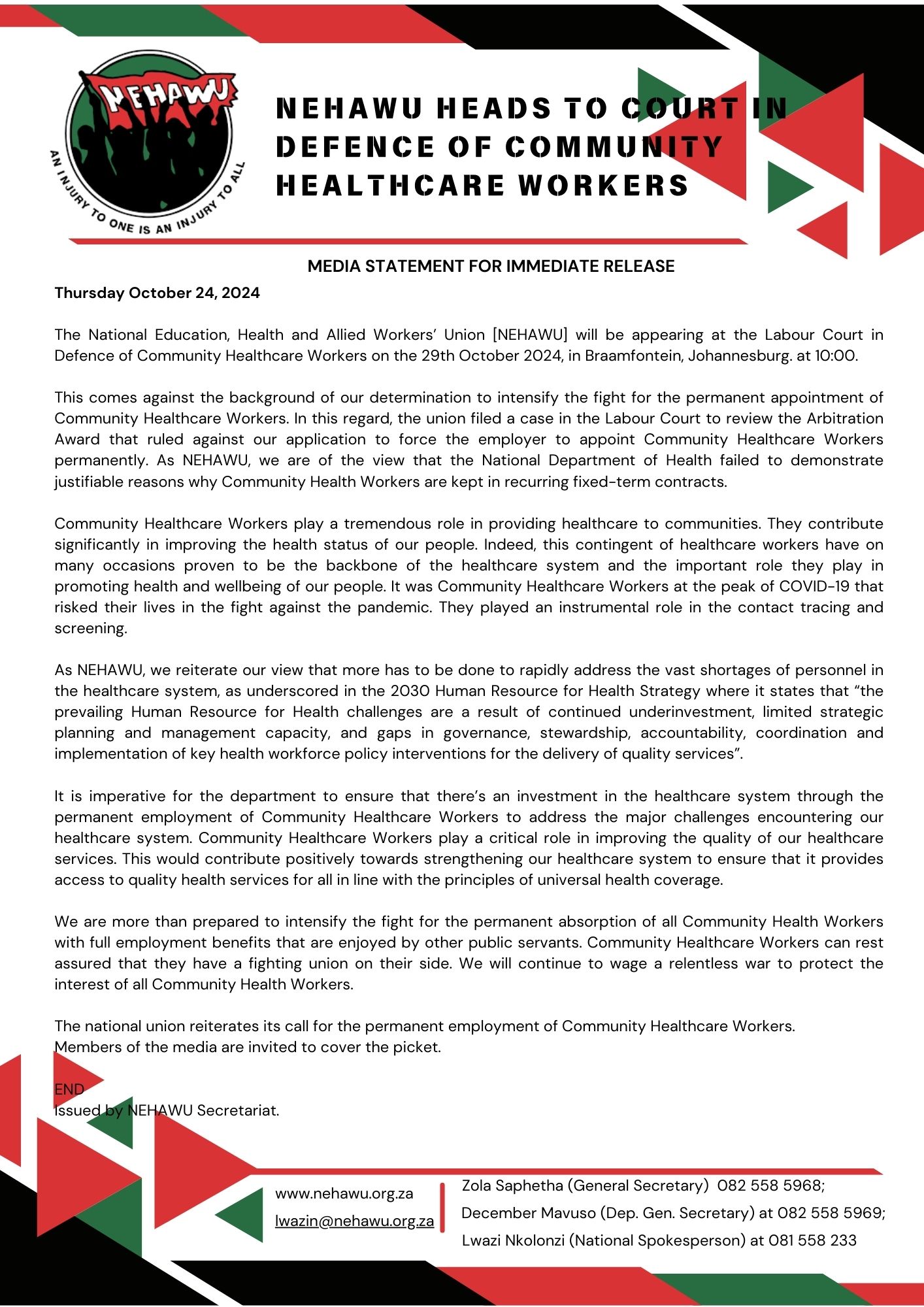 NEHAWU Heads to Court in Defence of Community Healthcare Workers